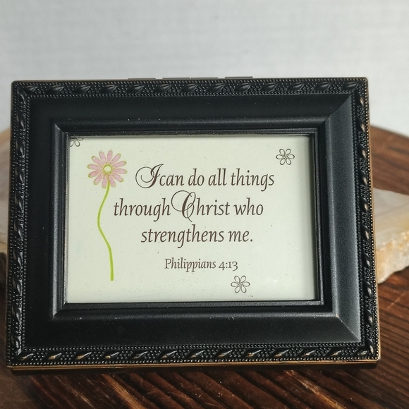 Religious Jewelry Box Chest Glass Top Velvet Lining Trinket Box Philippians 4:13 - Picture 1 of 16